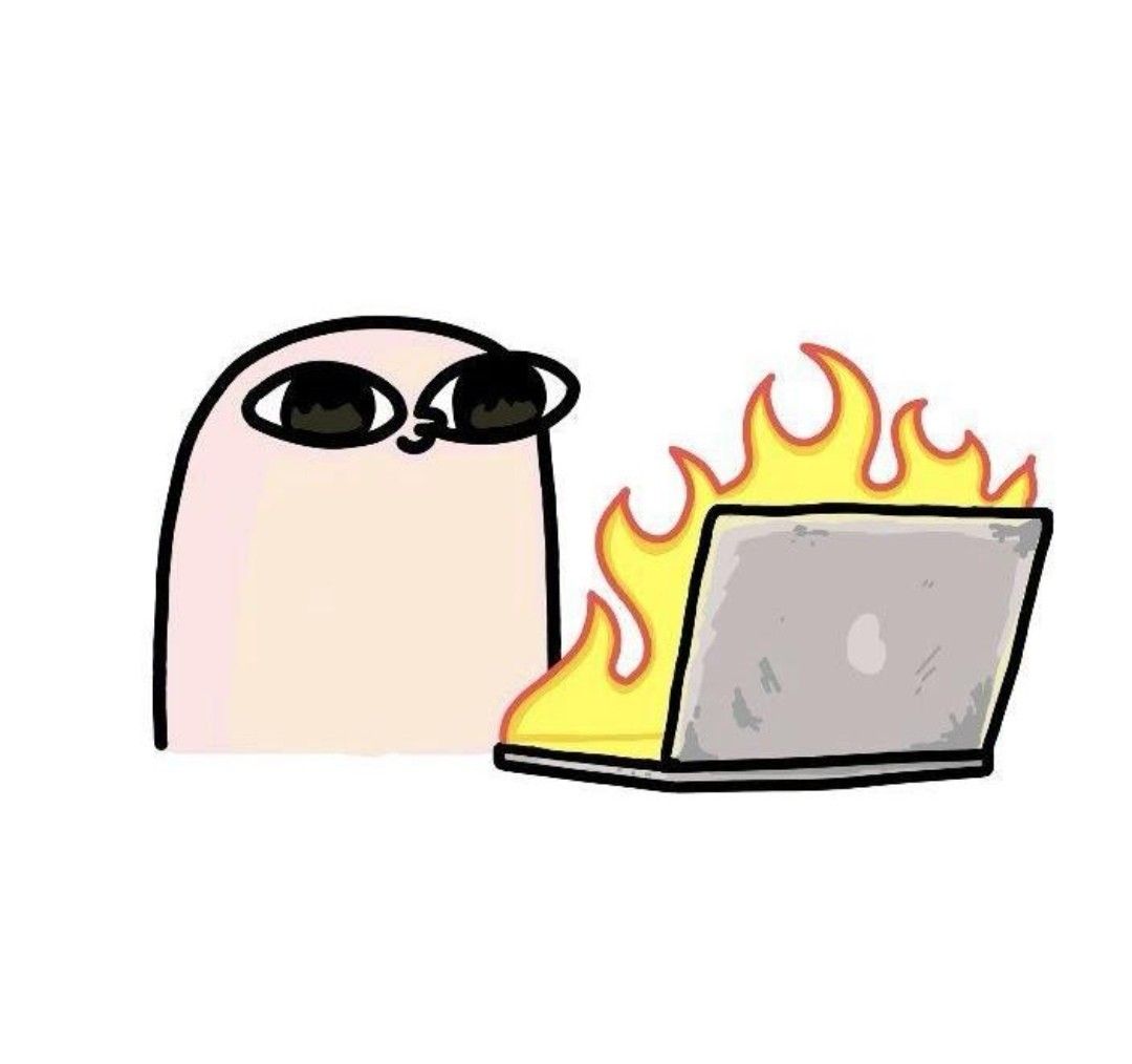 Drawn character looking at a computer monitor on fire