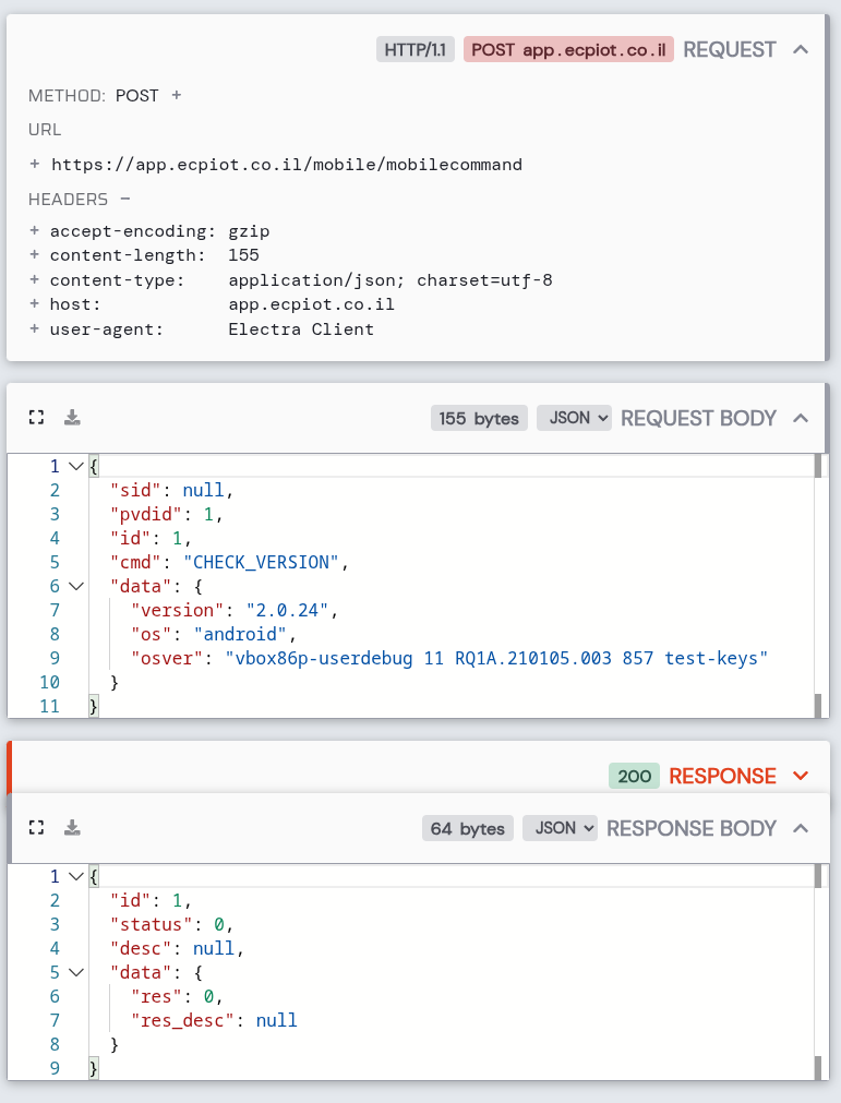 HTTP Toolkit showing a CHECK_VERSION API request to app.ecpiot.co.il with JSON body containing version 2.0.24, OS android, and osver showing VirtualBox debug info. Response returns status 0 indicating success.