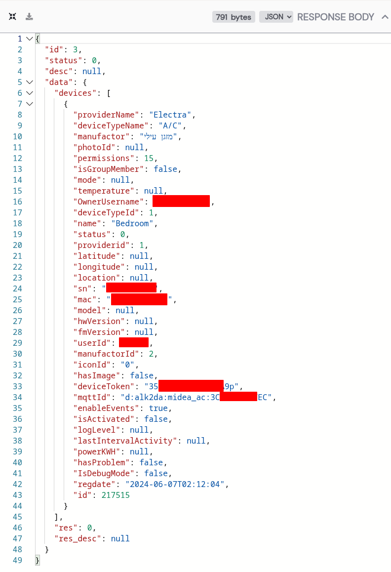 HTTP Toolkit showing the GET_DEVICES response containing device details including providerName Electra, deviceTypeName A/C, a misspelled manufactor field, device name Bedroom, and various redacted fields like serial number, MAC address, and device token. The device ID 217515 is visible at the bottom.