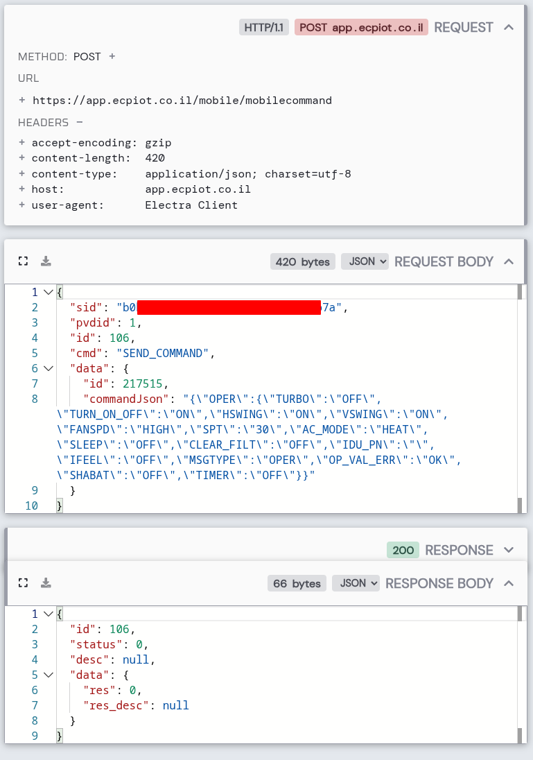 HTTP Toolkit showing a SEND_COMMAND API request containing the device ID and a commandJson field with the entire desired AC state as a JSON string, including TURN_ON_OFF ON, AC_MODE HEAT, SPT 30, and FANSPD HIGH. The response returns a simple success status.