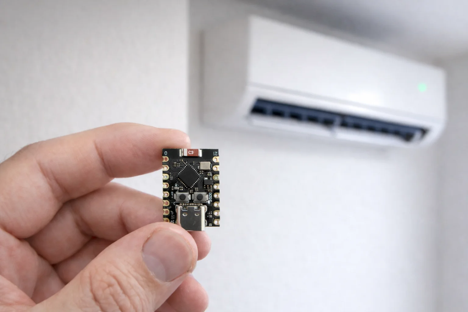 An ESP32-C3 SuperMini microcontroller held up against a wall-mounted Electra smart AC unit