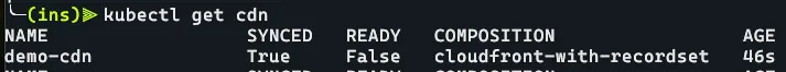 Terminal output showing kubectl get cdn command with Crossplane managed resource