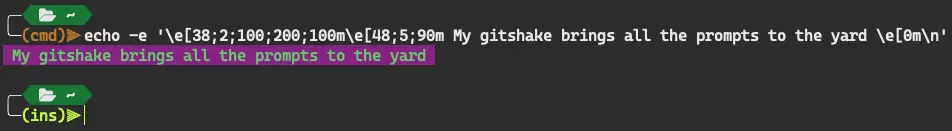 Terminal showing vi mode indicators with colored insert and command mode prompts